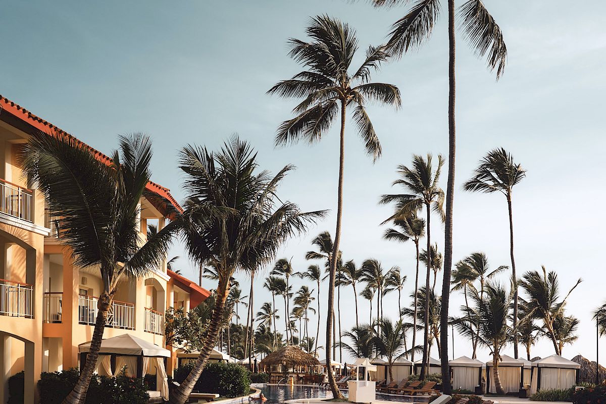 A luxurious resort poolside area with numerous lounge chairs, tall palm trees, and a multi-story building in the background under a clear sky.